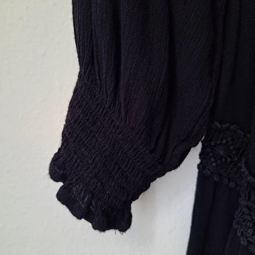 Free People Black Long Sleeve Tiered Lace Midi Dress